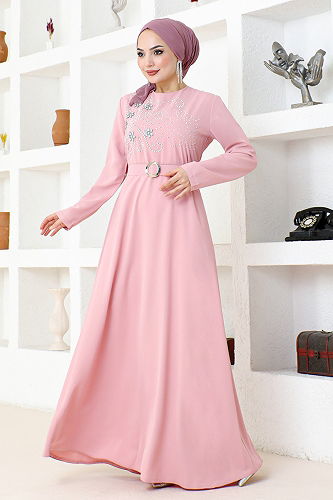 moda selvim Stone Embroidered Hijab Evening Dress SHD5387-M Powder - Thumbnail