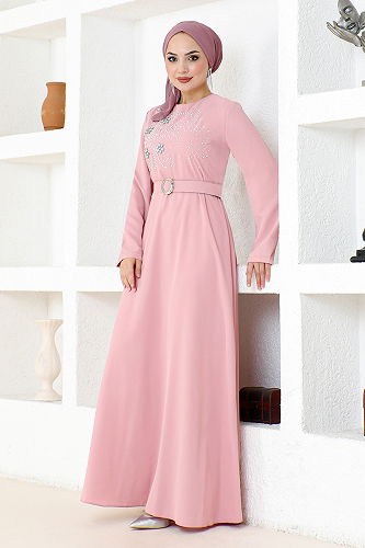 moda selvim Stone Embroidered Hijab Evening Dress SHD5387-M Powder - Thumbnail