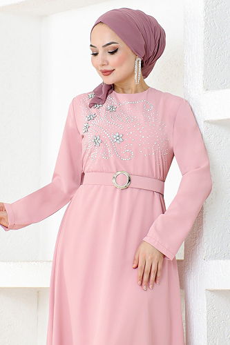 moda selvim Stone Embroidered Hijab Evening Dress SHD5387-M Powder - Thumbnail