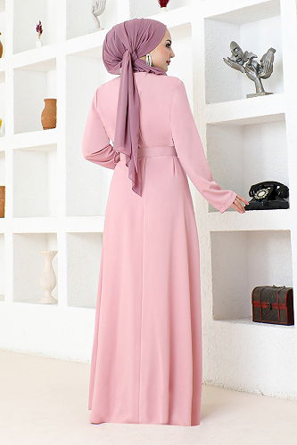 moda selvim Stone Embroidered Hijab Evening Dress SHD5387-M Powder - Thumbnail