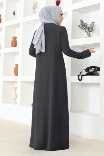 moda selvim Stone Embroidered Honeycomb Abaya OZA1008 Anthracite - Thumbnail