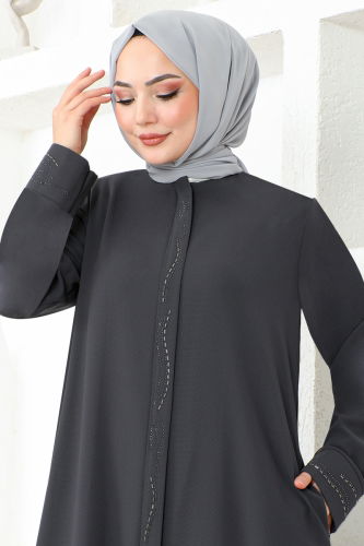 moda selvim Stone Embroidered Honeycomb Abaya OZA1008 Anthracite - Thumbnail