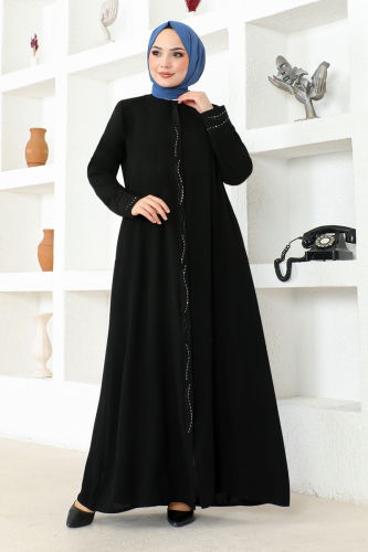 moda selvim Stone Embroidered Honeycomb Abaya OZA1008 Black - Thumbnail