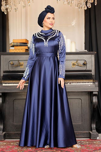 moda selvim Stone Embroidered Satin Evening Dress LPN6032-M Laci - Thumbnail