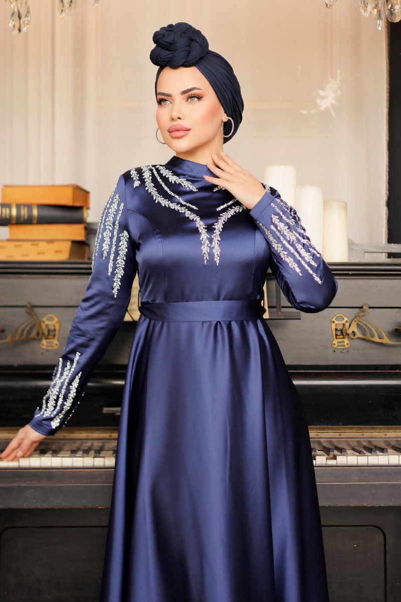 Stone Embroidered Satin Evening Dresses LPN6032-M Laci - Moda Selvim