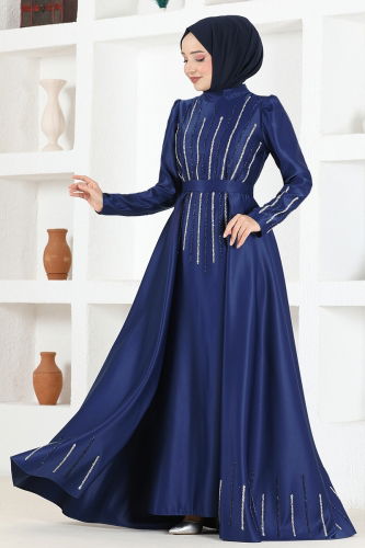 moda selvim Stone Embroidered Satin Evening Dress MSL6533 Navy Blue - Thumbnail