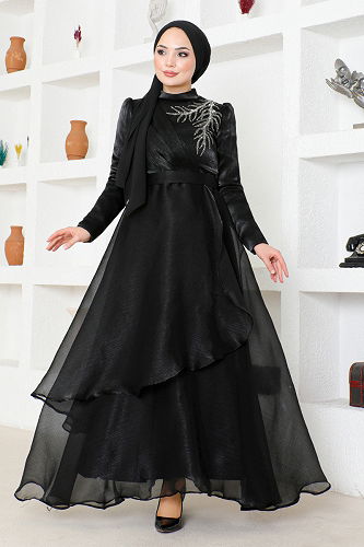 moda selvim Stone Embroidered Tulle Evening Dress END5594-M Black - Thumbnail