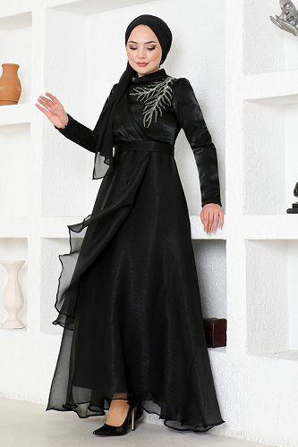 moda selvim Stone Embroidered Tulle Evening Dress END5594-M Black - Thumbnail