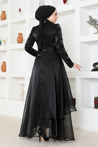 moda selvim Stone Embroidered Tulle Evening Dress END5594-M Black - Thumbnail