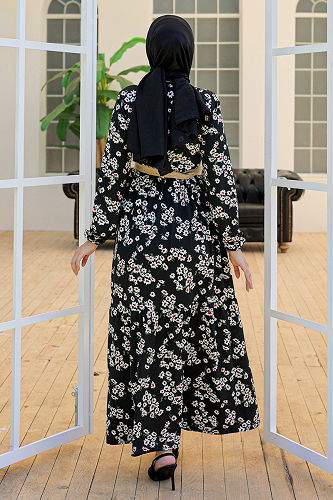 moda selvim Straw Belt Dress ANT553-M Dark Black - Thumbnail