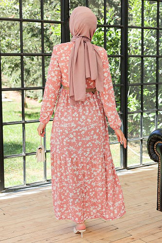 moda selvim Straw Belt Dress ANT553-M Powder - Thumbnail