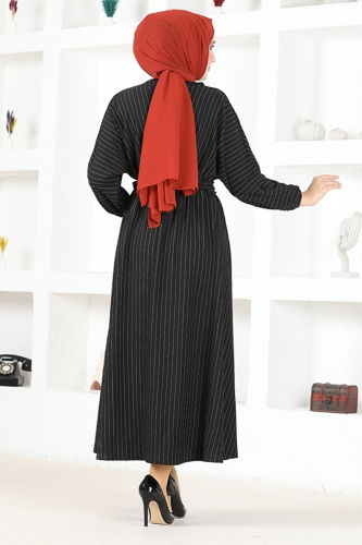 moda selvim Striped Belted Crepe Dress HBS9508 Black - Thumbnail