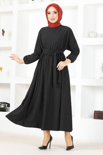 moda selvim Striped Belted Crepe Dress HBS9508 Black - Thumbnail