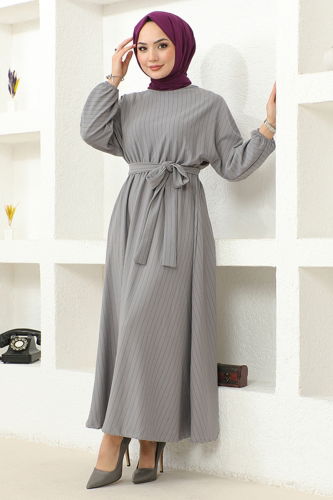 moda selvim Striped Belted Crepe Dress HBS9508 Gray - Thumbnail