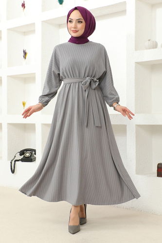 moda selvim Striped Belted Crepe Dress HBS9508 Gray - Thumbnail