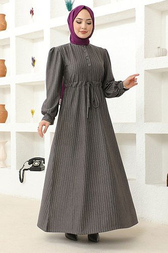 moda selvim الفستان رمادي غامق MSL2370 - Thumbnail