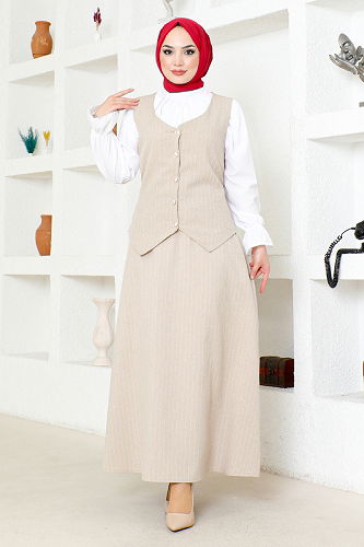 moda selvim Striped Skirted Suit ZNK4689-M Beige - Thumbnail