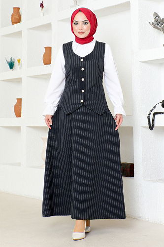 moda selvim Striped Skirted Suit ZNK4689-M Black - Thumbnail