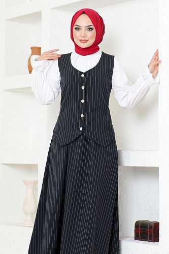 moda selvim Striped Skirted Suit ZNK4689-M Black - Thumbnail