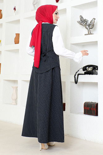 moda selvim Striped Skirted Suit ZNK4689-M Black - Thumbnail