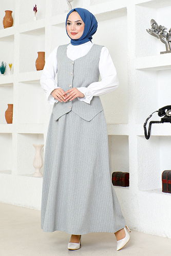moda selvim Striped Skirted Suit ZNK4689-M Gray - Thumbnail