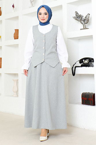 moda selvim Striped Skirted Suit ZNK4689-M Gray - Thumbnail