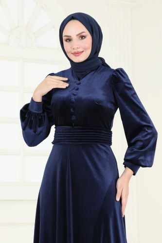 moda selvim SUAL Aksesuar Düğmeli Abiye Elbise 4259D170 Laci - Thumbnail