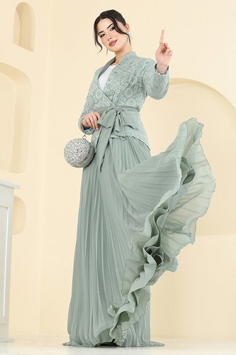 moda selvim SUAL Asimetrik Ceketli Şifon Takım 5345DMNK1166 Mint - Thumbnail