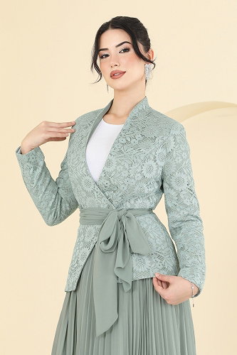 moda selvim SUAL Asimetrik Ceketli Şifon Takım 5345DMNK1166 Mint - Thumbnail