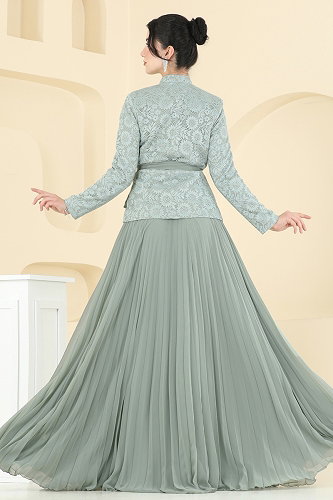 moda selvim SUAL Asimetrik Ceketli Şifon Takım 5345DMNK1166 Mint - Thumbnail