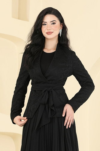 moda selvim SUAL Asimetrik Ceketli Şifon Takım 5345DMNK1166 Siyah - Thumbnail