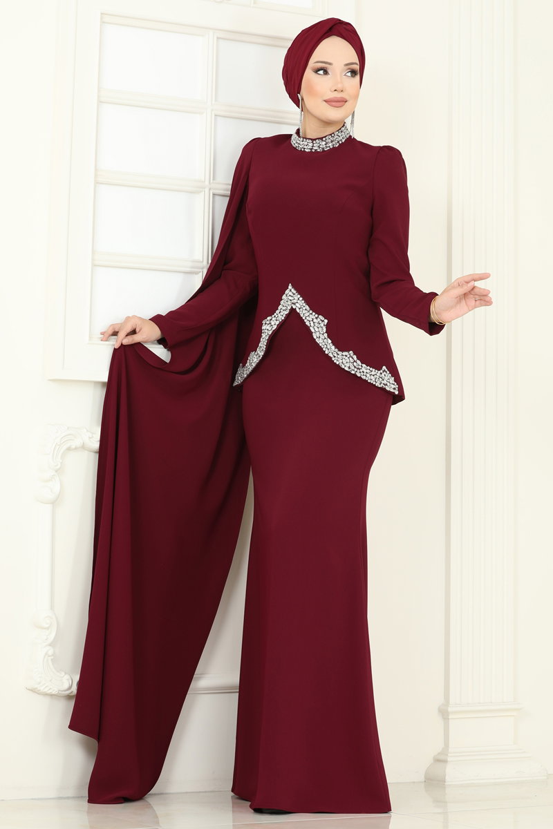 SUAL Asimetrik Detaylı Abiye Takım 5434DMNK1166 Bordo