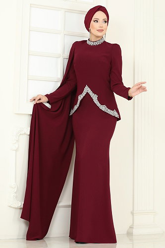 moda selvim SUAL Asimetrik Detaylı Abiye Takım 5434DMNK1166 Bordo - Thumbnail
