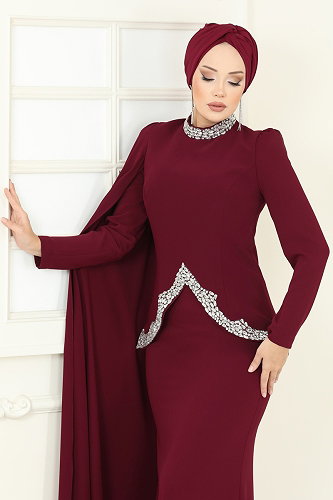 moda selvim SUAL Asimetrik Detaylı Abiye Takım 5434DMNK1166 Bordo - Thumbnail
