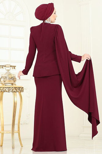 moda selvim SUAL Asimetrik Detaylı Abiye Takım 5434DMNK1166 Bordo - Thumbnail