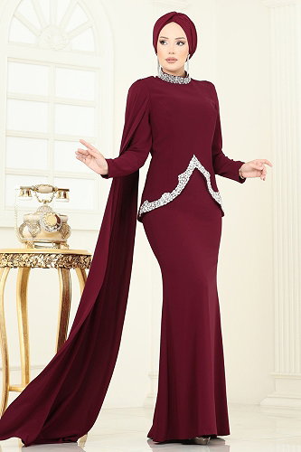 moda selvim SUAL Asimetrik Detaylı Abiye Takım 5434DMNK1166 Bordo - Thumbnail