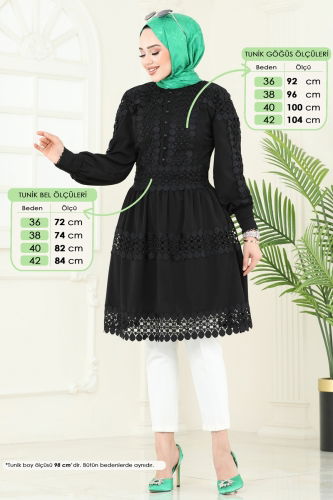 moda selvim SUAL Astarlı Güpür Tunik 23176JNF844 Siyah - Thumbnail
