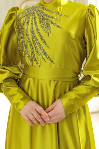 moda selvim 6041LPN858 لون زيتوني فساتين سهره - Thumbnail