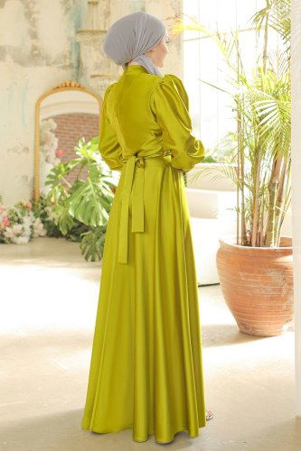 moda selvim 6041LPN858 لون زيتوني فساتين سهره - Thumbnail