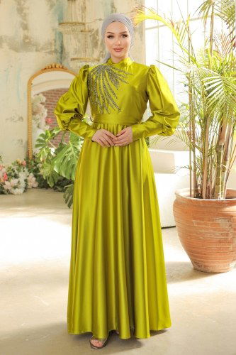 moda selvim 6041LPN858 لون زيتوني فساتين سهره - Thumbnail