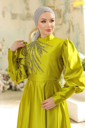 moda selvim 6041LPN858 لون زيتوني فساتين سهره - Thumbnail
