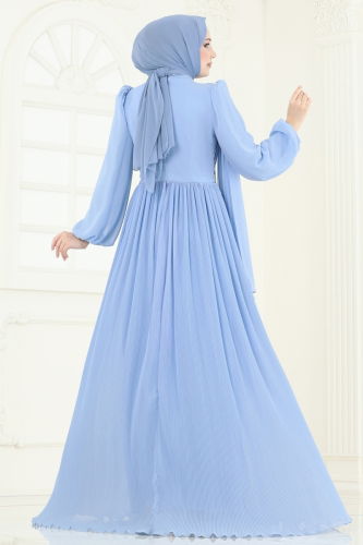 moda selvim SUAL Beli Taşlı Pelerinli Abiye 4916SRH861 Bebe Mavisi - Thumbnail