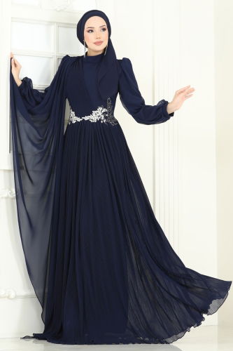 moda selvim SUAL Beli Taşlı Pelerinli Abiye 4916SRH861 Laci - Thumbnail