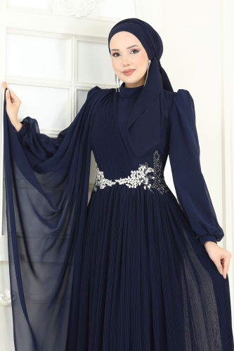 moda selvim SUAL Beli Taşlı Pelerinli Abiye 4916SRH861 Laci - Thumbnail