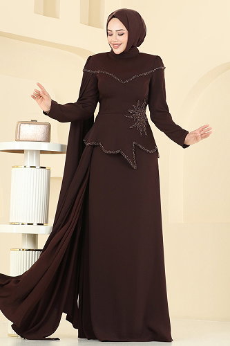 moda selvim SUAL Bluz Görünümlü Şık Abiye 5450DMNK1166 Kahve - Thumbnail