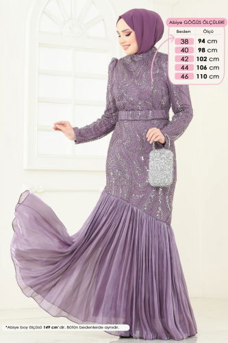 moda selvim SUAL Boncuk İşlemeli Abiye 5162D170 Koyu Lila - Thumbnail