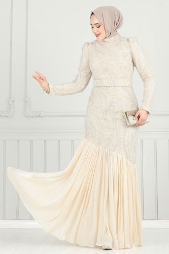 moda selvim SUAL Boncuk İşlemeli Abiye 5162D170 Taş - Thumbnail