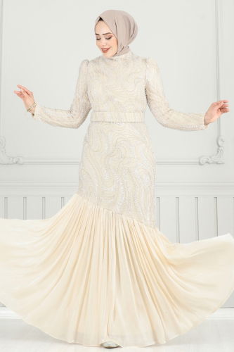 moda selvim SUAL Boncuk İşlemeli Abiye 5162D170 Taş - Thumbnail
