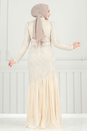 moda selvim SUAL Boncuk İşlemeli Abiye 5162D170 Taş - Thumbnail