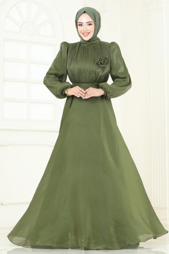 moda selvim SUAL Broş Detay Janjan Abiye 5107D170 Haki - Thumbnail